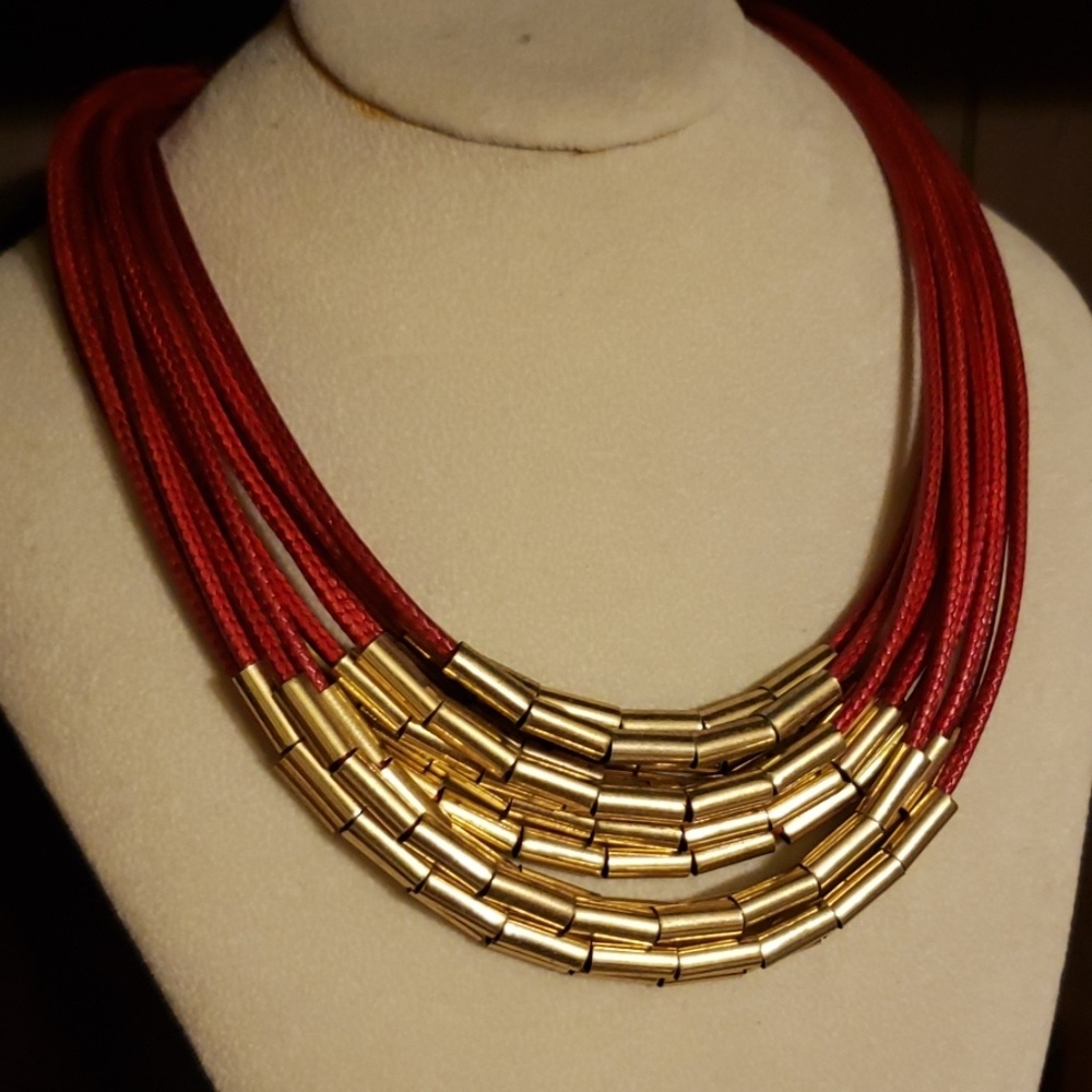 Red Rope Necklace with Gold Links